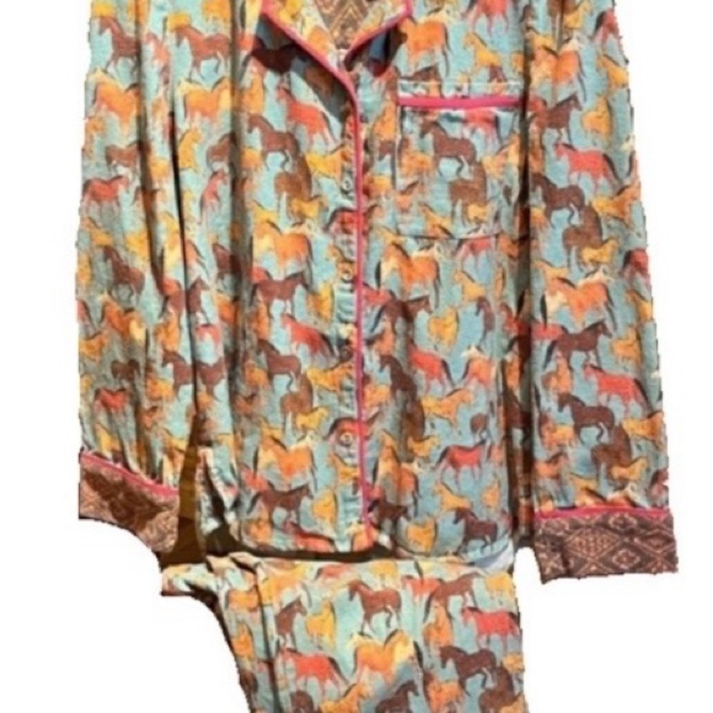 Sundance Women's Horse-Print Pajama Set in Aqua, Coral, Yellow Brown sz large